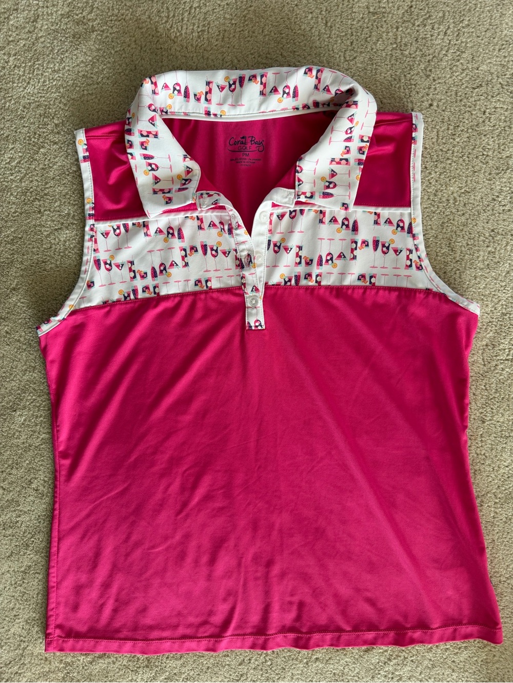 Coral Bay Bright Pink Sleeveless Polo with White Fun Drink Print